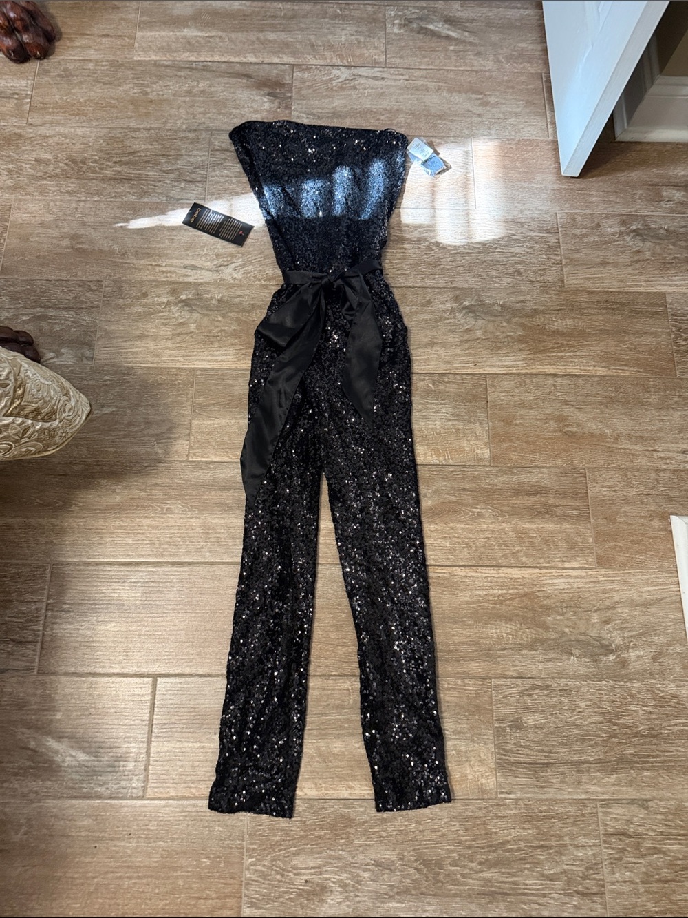 bebe Black Strapless Sequin Jumpsuit with Satin Waist Tie